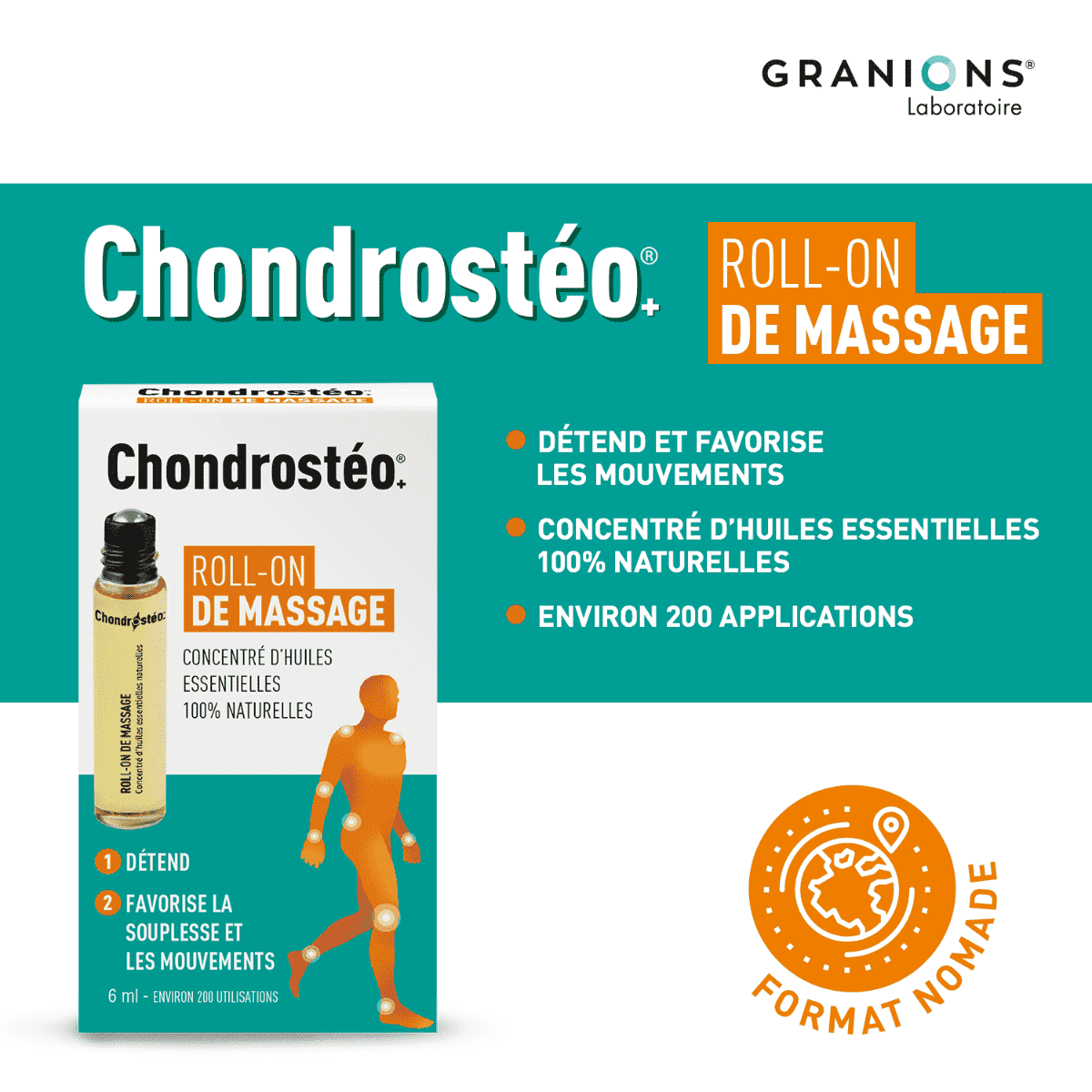 GRANIONS Chondrostéo+ Roll-On de Massage - 6 Ml - Environ 200 Utilisations - 7 Huiles Essentielles 100% Naturelles - Format Nomade Testé Dermatologiquement Laboratoire des Granions - Marque Française - bénéfices