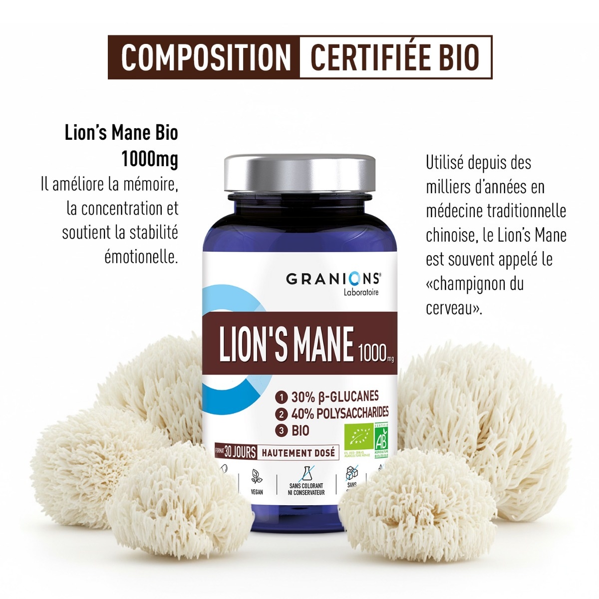 Granions - Lion's Mane 1000mg - Composition certifiée BIO