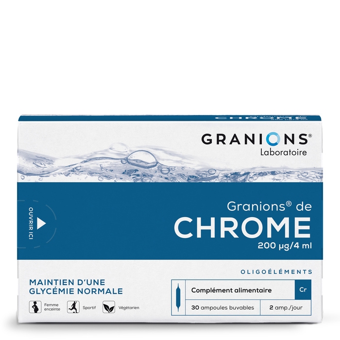 Granions de Chrome 
Maintien d'une glycémie normale; 
Limite les envies de sucres et les pulsions sucrées