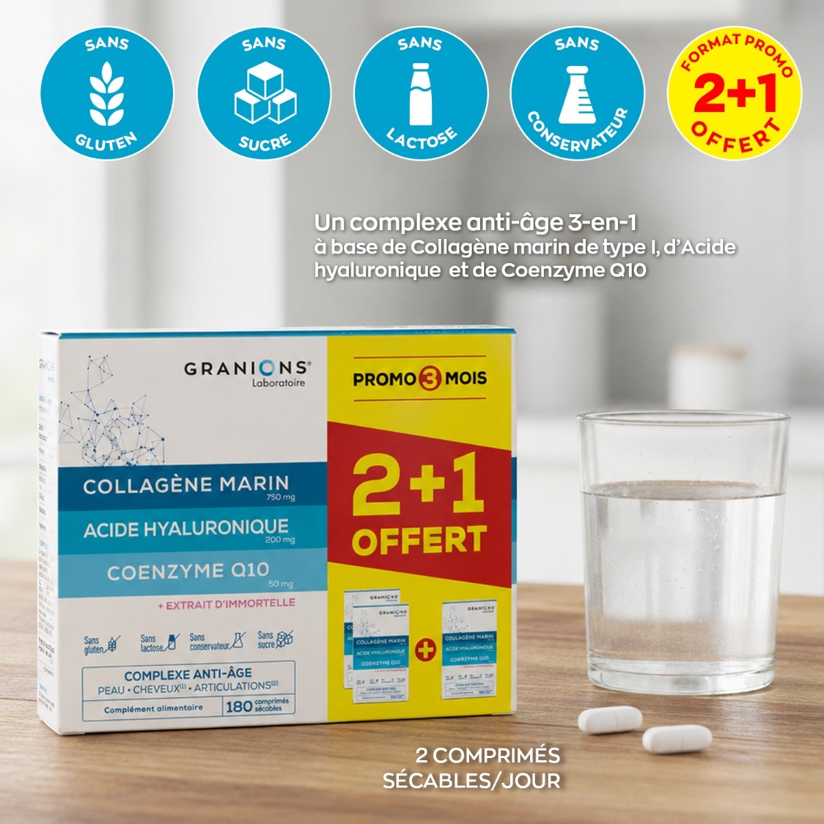 GRANIONS - Complejo de Colágeno, Ácido Hialurónico y Coenzima Q10 - 60 comprimidos