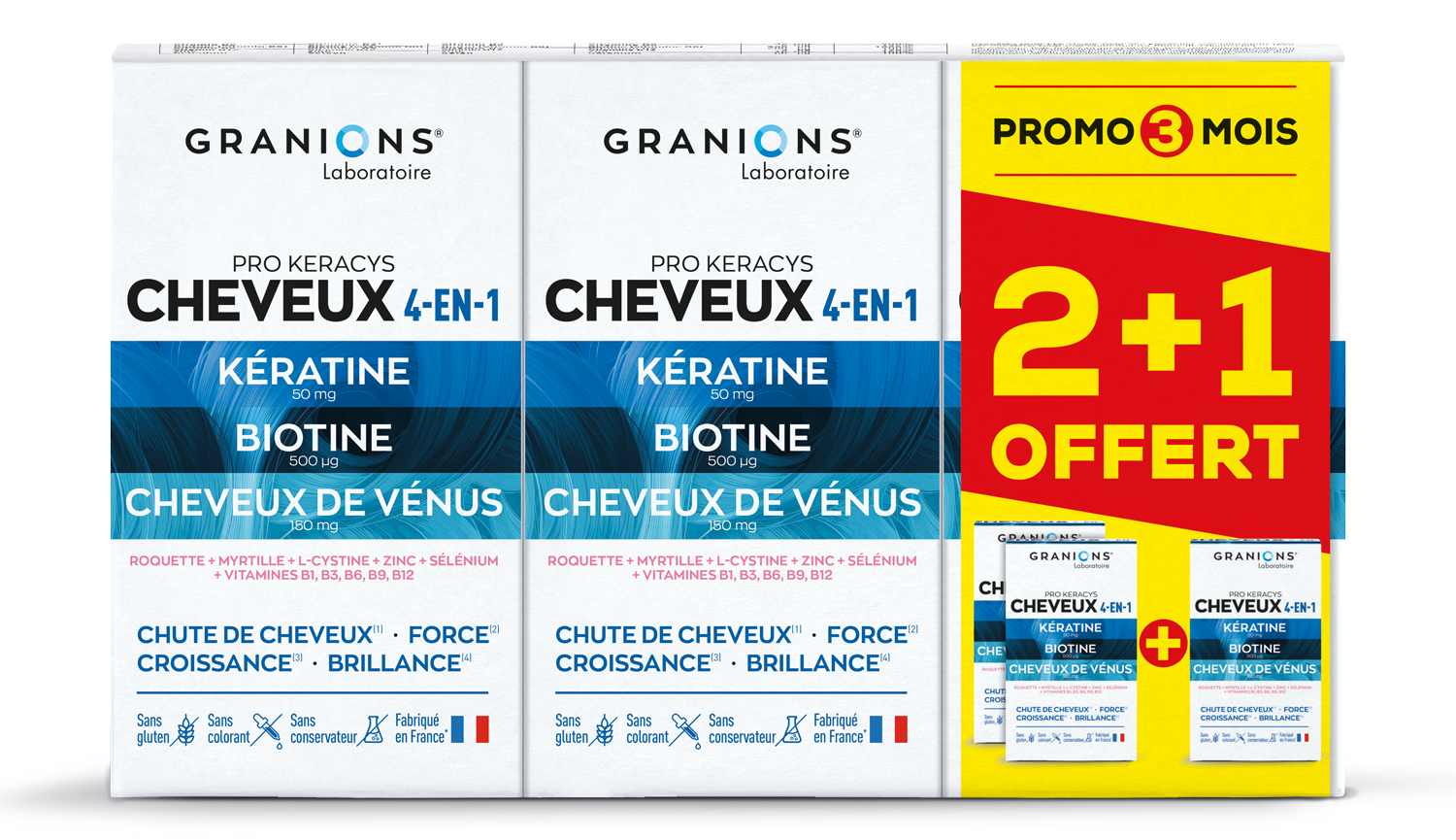 Granions Pro Keracys Cheveux 4 en 1 : 2+1 mois offert. Anti-chute, Force, Croissance, Brillance