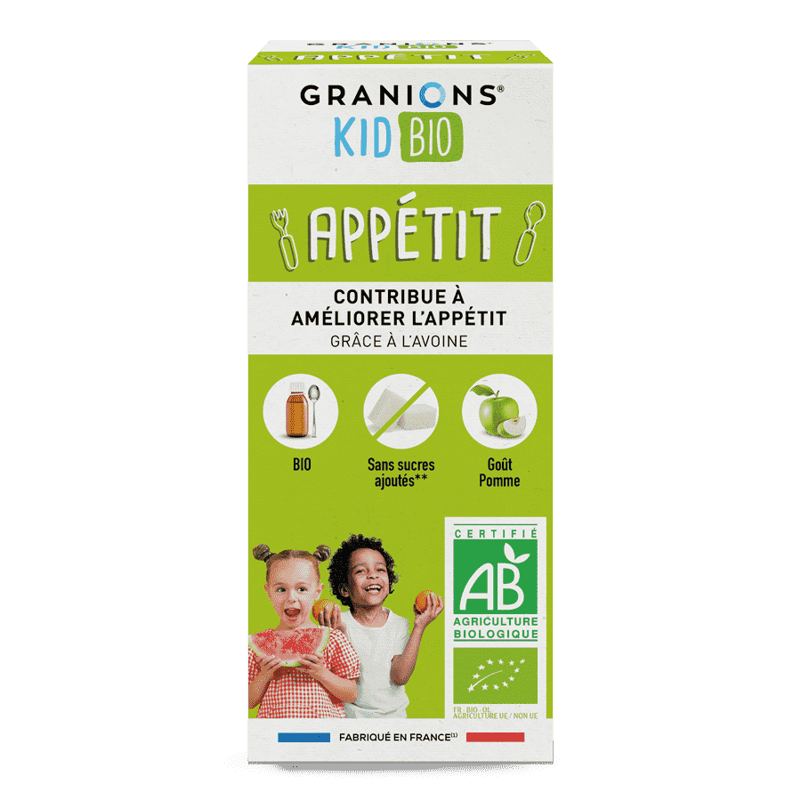GRANIONS Kids Bio Sirop goût pomme aide à stimuler l'appétit de votre enfant. Il n'aimera pas les légumes pour autant mais au moins il aura assez faim pour les manger !
